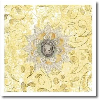 6x6 Iron on Heat Transfer for White Material - Image of Cameo in Gold, Yellow Lace Flora Design Cameo Design
