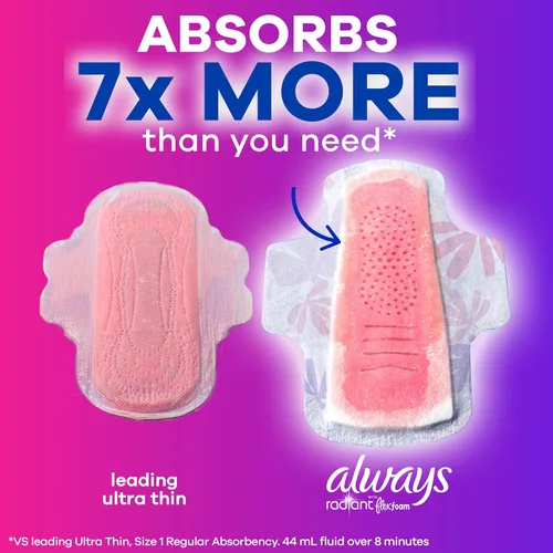 Vista 7 de Always Almohadillas femeninas radiantes para mujer, tamaño 3, absorción de flujo extra pesado, con espuma flexible, con alas, perfumadas, 22