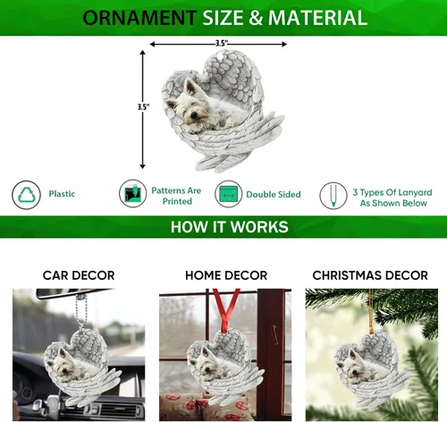 Vista 2 de Talataca West Highland Terrier Sleeping Angel Wing Memorial Dog 2D Flat Car Espejo Retrovisor Accesorios Árbol de Navidad Decoración Colgante