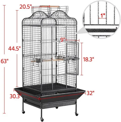 Vista 3 de Topeakmart Jaula extragrande para pájaros, loro para guacamayos, cacatúas, cacatúas, gris africano, con tapa abierta