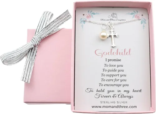 Collar de cruz de plata de ley con perla de 0.236 in | Cadena de 14 pulgadas | Cruz de bautismo de ahijado | Delicada joyería cristiana para primera