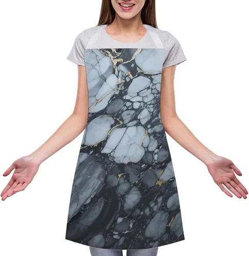 Vista 3 de MUSM Apron for Adults - 27.6 X 31.5 Inch, Heavy-Duty Polyester Aprons with Two Large Pockets, Waterproof Black Textured Marble Kitchen Apron for