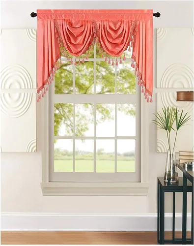 Vista 22 de All American Collection Nueva Cenefa de Cascada Doble de Seda Sintética Sólida Adjunta con Colas (55" x 32", Cenefa Beige)
