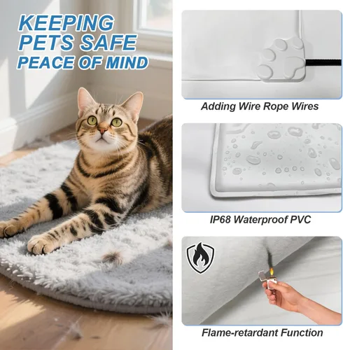 Vista 4 de Almohadilla térmica para gatos de 17 x 13 pulgadas con interruptor de termostato inteligente y tubo de protección de línea de alimentación
