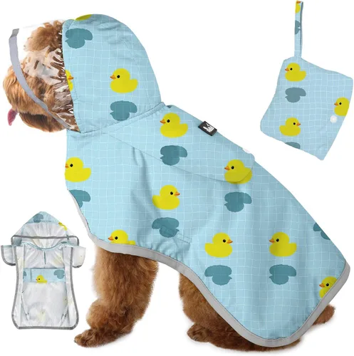 SlowTon Chubasquero para perros, chaqueta de lluvia ajustable para perros con capucha transparente de doble capa, poncho impermeable con tiras de