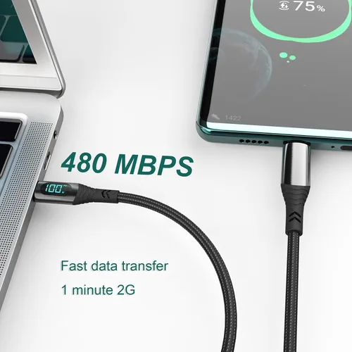 Vista 4 de Cable USB-C de 100 W [2 unidades, 4 pies/6.6 pies], carga súper rápida tipo C con pantalla LED, cable de carga USB C de 480 Mbps de nailon trenzado