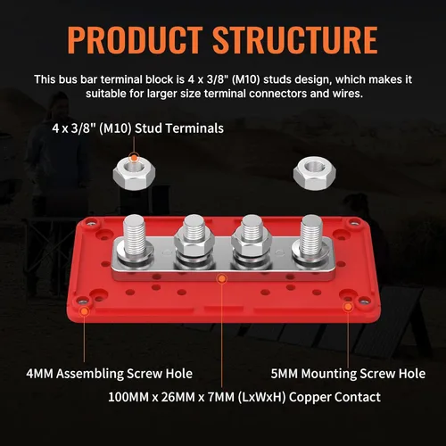Vista 4 de Joinfworld Barra Colectora de 300A 12V DC Bloque de Distribución de Energía Impermeable con 4 Espárragos de 3/8", Bloque Terminal de Barra Colectora