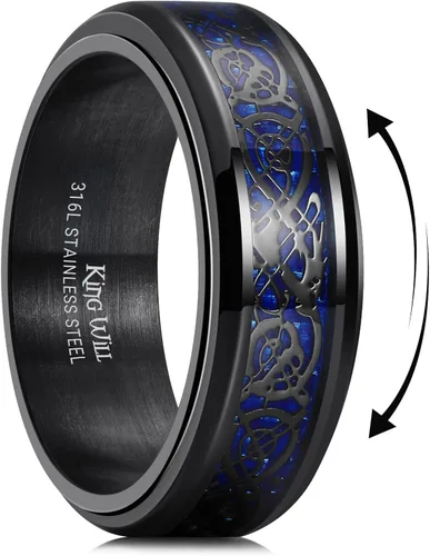 King Will Anillo giratorio de acero inoxidable 316L para hombres y mujeres, anillo antiestrés de 0.315 pulgadas de ancho con patrón de dragón/nudo