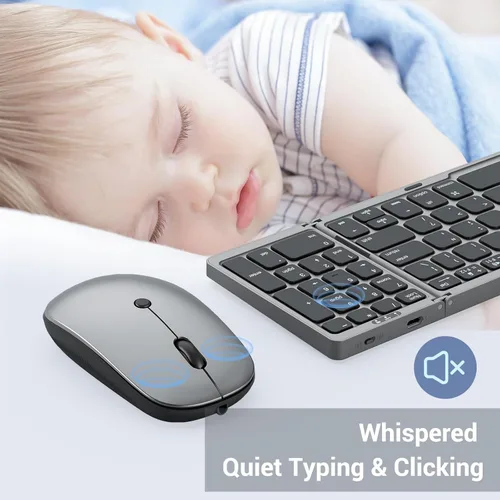 Vista 5 de Teclado y mouse plegables para computadora portátil, teclado plegable Bluetooth de viaje con funda portátil, teclado recargable para negocios, 2.4G