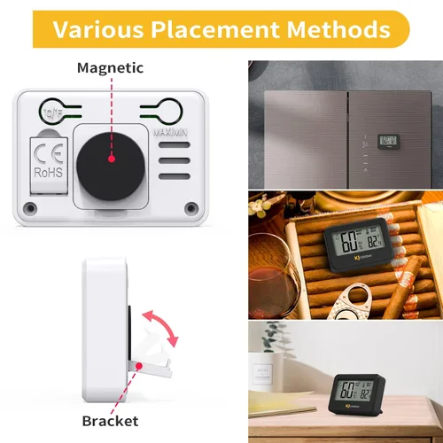 Vista 4 de 4 piezas mini higrómetro digital y termómetro, termómetro de reptiles con magnético y tablestand, medidor de temperatura interior y humedad