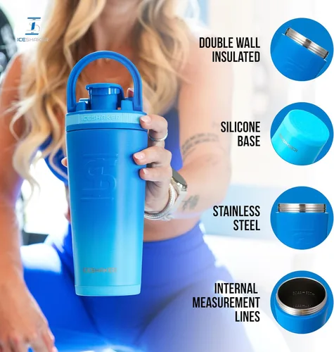 Vista 2 de Ice Shaker Botella agitadora aislada de acero inoxidable 26 onzas, color azul Rush Fría durante más de 24 horas Taza aislada con agitador