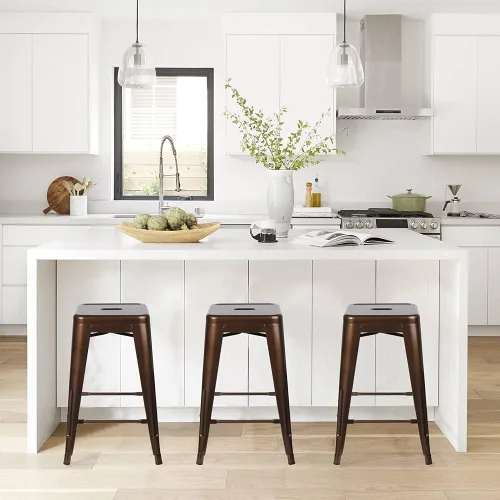 Vista 211 de GIA Taburete de mostrador sin respaldo de 24 pulgadas, cantidad de 4, bronce con asiento de madera clara