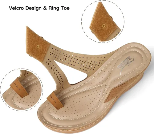 Vista 4 de SHIBEVER Sandalias de cuña para mujer, cómodas, elegantes, informales, bohemias, con plataforma de flores