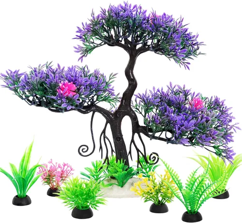 Decoraciones de acuario para pecera, plantas de plástico artificiales, árbol bonsái con kit de decoración de acuario pequeño (morado 2)