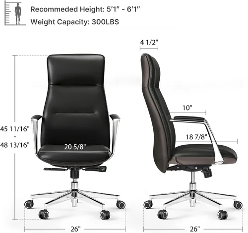 Vista 2 de EUREKA ERGONOMIC Royal Slim Silla Ejecutiva de Respaldo Alto de Cuero Negro para Oficina, Silla de Escritorio para el Hogar para Adultos, Grande
