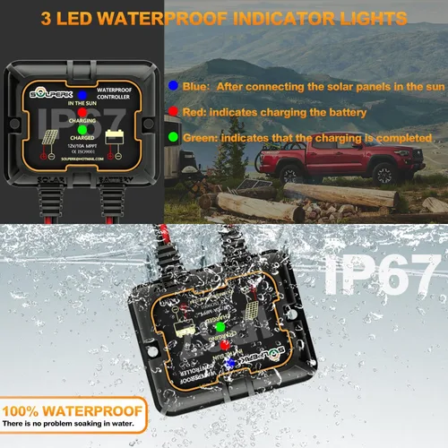 Vista 4 de SOLPERK Kit de panel solar de 10 W 12 V, cargador de batería solar impermeable + controlador MPPT inteligente + soporte de montaje ajustable