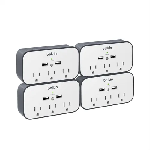 Belkin Protector contra sobretensiones de montaje en pared, extensor de salida múltiple de 3 CA y 2 puertos USB, soporte de pared de enchufe