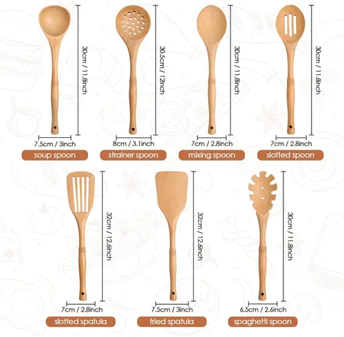 Vista 2 de comfoyar Cucharas de madera para cocinar, 7 piezas de utensilios de cocina de madera de haya con espátula y cucharón, utensilios de cocina