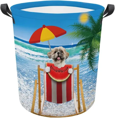 Vista 10 de Cesta plegable con estampado de perro, linda cesta de lavandería Shih Tzu sandía con asa, caja de juguetes, bolsa de almacenamiento para dormitorio