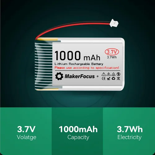 Vista 7 de MakerFocus Batería recargable de polímero de litio de 3.7 V 1000 mAh con placa de protección, cinta de goma aislada y enchufe JST 1.25 para placa