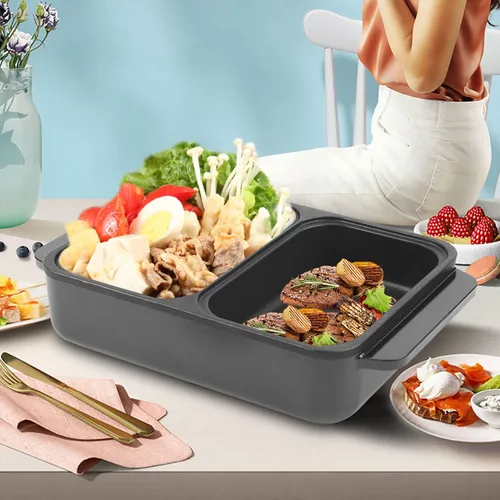 Vista 3 de Olla caliente con parrilla, olla caliente eléctrica antiadherente 2 en 1 para interiores, control de temperatura independiente, parrilla coreana