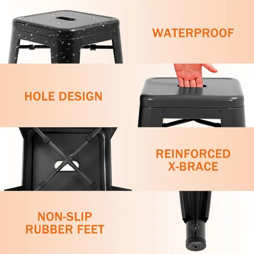 Vista 6 de Juego de 4 taburetes de bar de metal, apilables, altura de mostrador, 24 pulgadas, para interiores y exteriores, taburete de bar sin espalda