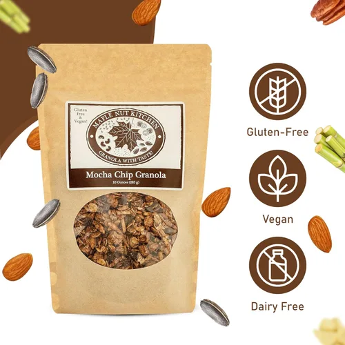 Vista 3 de Maple Nut Kitchen Granola con chispas de moca, 10 onzas, vegana, certificada sin gluten, baja en azúcar, chocolate negro, almendras, coco, café