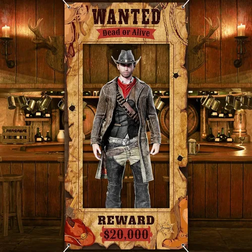 Funrous Wanted Poster Photo Prop Western Photo Booth Prop - Marco grande para selfies, cartel de tela, cartel de fondo para decoración de fiesta de
