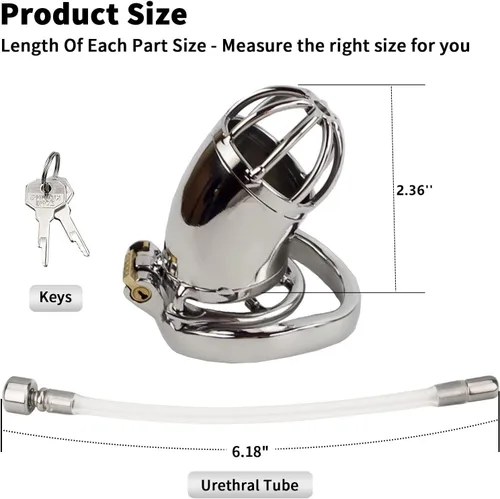 Vista 4 de Dispositivo de castidad masculina de metal, jaula para pene de acero inoxidable 304 con catéter de silicona y anillo de espiga, cómodo cinturón
