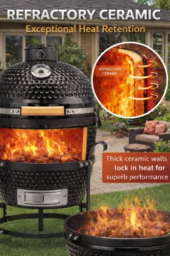 Vista 5 de Parrilla Kamado de 13 pulgadas de ancho con termómetro incorporado, parrilla ovalada con rejillas de hierro fundido, mango de bambú, parrillas