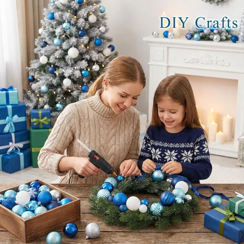 Vista 5 de DomeStar Juego de 100 adornos de Navidad azules inastillables, bolas de purpurina para decoración de árboles y coronas