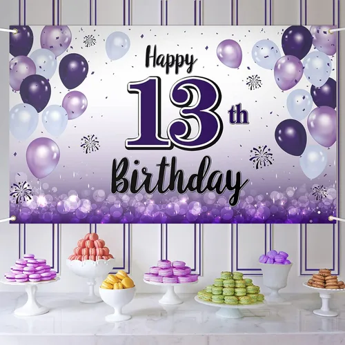 Vista 46 de Decoraciones de feliz cumpleaños número 10, cartel grande de globo morado para cumpleaños número 10, suministros para fiesta de cumpleaños de 10