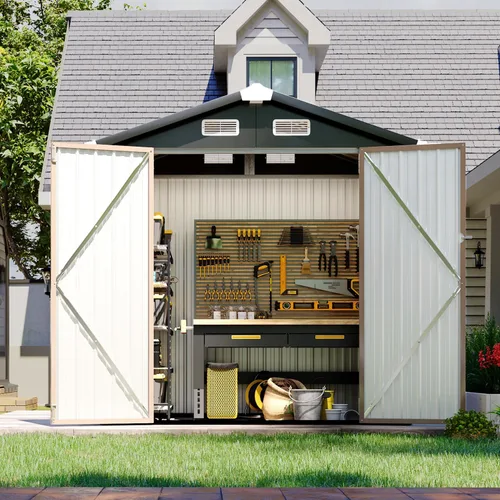Vista 8 de Cobertizo de almacenamiento de metal negro de 10 x 10 pies, cobertizo de herramientas duradero para exteriores con construcción de acero resistente