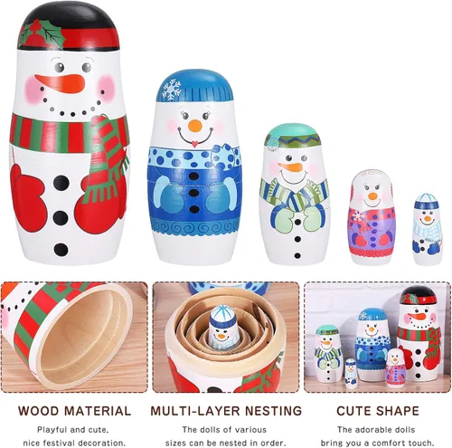 Vista 3 de Muñecos de nieve de madera para anidar 5 capas Matryoshka ruso juguete apilable Navidad decoración del hogar niños 2.55 pulgadas