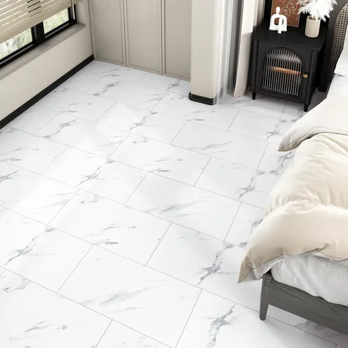 Vista 5 de Rollo de baldosas de mármol blanco para despegar y pegar de 24 x 12 pulgadas, para baño, suelo de vinilo impermeable para azulejos de linóleo