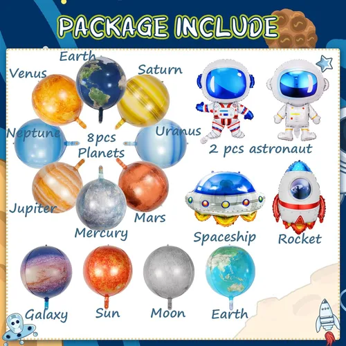 Vista 5 de 16 Piezas Globos Espaciales de Galaxia - Decoraciones Temáticas del Espacio Exterior Grandes Cohete Nave Espacial Astronauta Planeta Globos de Papel