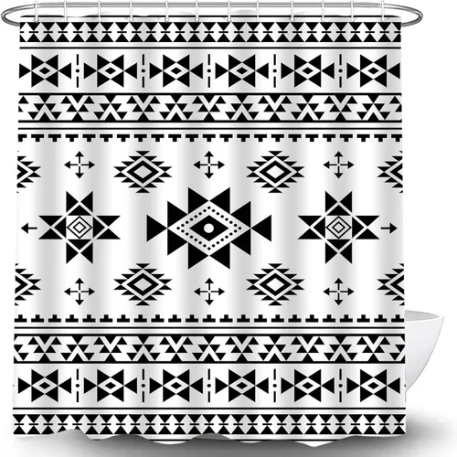 Vista 7 de Cortina de ducha azteca, color negro, blanco, bohemio, tribal, suroeste, navajo, nativo, étnico, abstracto, geométrico, triangular, a rayas