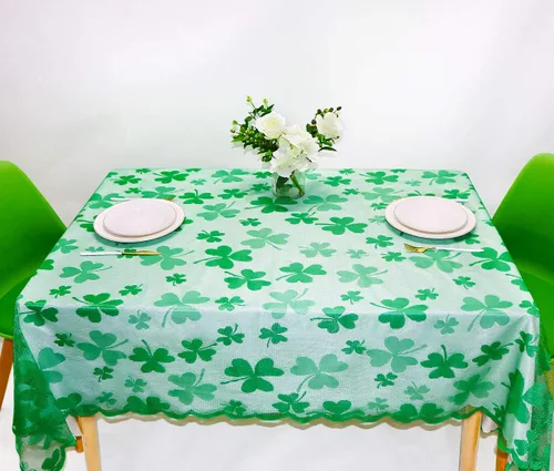 Vista 7 de asunflower Mantel rectangular de encaje con trébol verde, 60 x 84 pulgadas, para decoración de mesa del día de San Patricio con mantel bordado