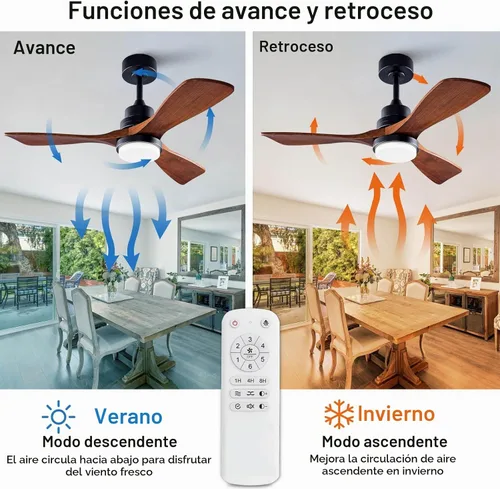 Vista 6 de Ventilador de techo de 42 pulgadas con luz, 3 aspas de madera maciza, control remoto, motor de CC silencioso reversible de 6 velocidades, ventilador