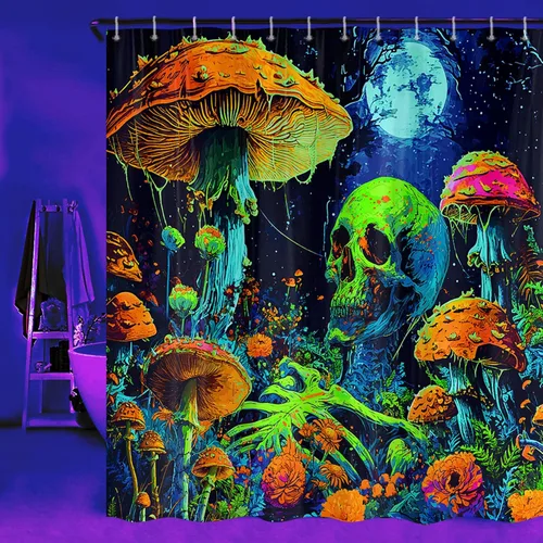 Vista 2 de Cortina de ducha de calavera con luz negra de Halloween, espeluznante cortina de ducha con luz negra para baño, juego de cortina de ducha reactiva a