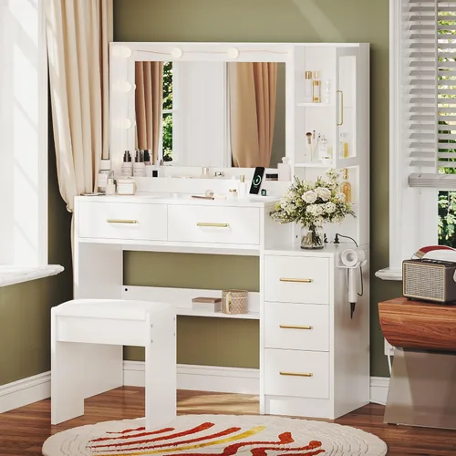 Vista 8 de Mesa de tocador blanca con cajón, tocador de maquillaje estilo granja con estación de carga, escritorio de tocador con luces, espejo y cajones