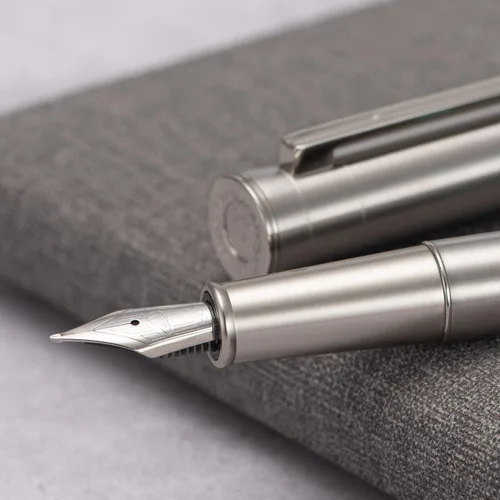 Vista 3 de HONG DIAN Pluma estilográfica 1861, punta de hoja larga, diseño de acero inoxidable plateado con convertidor y estuche de metal