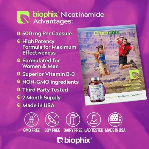 Vista 9 de biophix B-3 Nicotinamida 500 mg 60 cápsulas - Fórmula de Vitamina Natural Flush-Free de Amida Nicotínica Niacina - Apoya la Salud de las Células