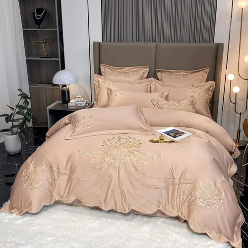 Vista 8 de QQXX Juego de funda de edredón bordado de lujo, juego de ropa de cama de seda jacquard, acogedor juego de funda de edredón de microfibra