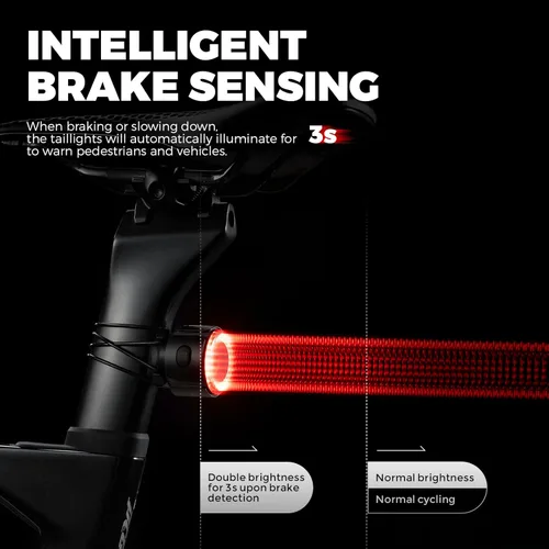 Vista 4 de ROCKBROS Luz trasera de bicicleta inteligente, ángulo ajustable y doble montaje luces traseras de bicicleta, cuentas potentes con diseño óptico