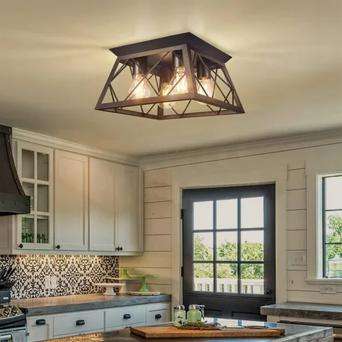 Vista 8 de FadimiKoo Lámpara de techo empotrada negra de 2 luces, lámpara de techo industrial para cocina de granja, lámpara de techo de jaula cuadrada
