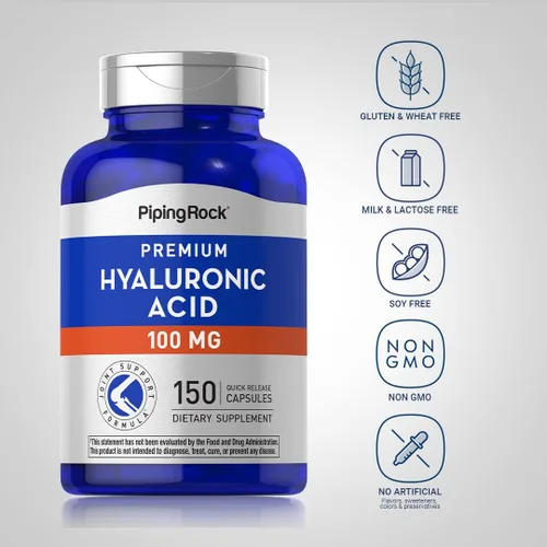 Vista 3 de Piping Rock Cápsulas de ácido hialurónico 100 mg 150 unidades Fórmula premium Suplemento sin OMG, sin gluten