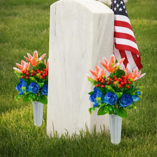 Vista 6 de XONOR Flores artificiales de cementerio para tumba, juego de 4 flores artificiales, ramo de flores conmemorativas con jarrón para cementerio al aire
