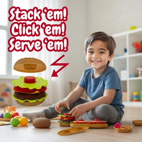 Vista 4 de Kiddie Play Juegos de comida para la cocina de los niños, juego de comida rápida y condimentos con hamburguesa, perrito caliente, papas fritas