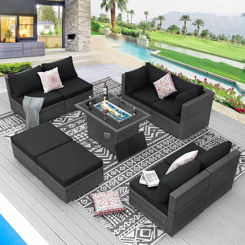 Vista 23 de BULEXYARD Juego de muebles de exterior de respaldo alto de 7 piezas con hoguera, juego de sofá de patio de mimbre duradero para todo tipo de clima